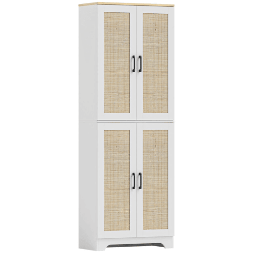 HOMCOM Armário de Cozinha Móvel Auxiliar de Cozinha com Prateleiras Ajustáveis Portas em Vime e Sistema Anti-Tombo 60x30x170 com Branco