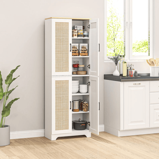 HOMCOM Armário de Cozinha Móvel Auxiliar de Cozinha com Prateleiras Ajustáveis Portas em Vime e Sistema Anti-Tombo 60x30x170 com Branco