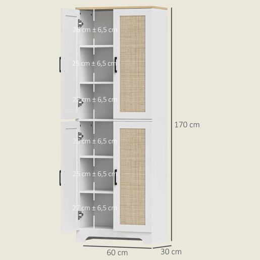 HOMCOM Armário de Cozinha Móvel Auxiliar de Cozinha com Prateleiras Ajustáveis Portas em Vime e Sistema Anti-Tombo 60x30x170 com Branco