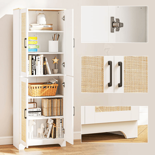 HOMCOM Armário de Cozinha Móvel Auxiliar de Cozinha com Prateleiras Ajustáveis Portas em Vime e Sistema Anti-Tombo 60x30x170 com Branco