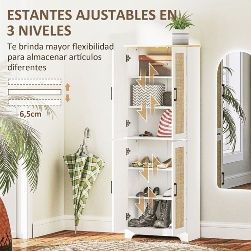 HOMCOM Armário de Cozinha Móvel Auxiliar de Cozinha com Prateleiras Ajustáveis Portas em Vime e Sistema Anti-Tombo 60x30x170 com Branco