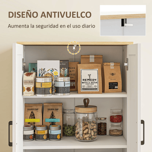 HOMCOM Armário de Cozinha Móvel Auxiliar de Cozinha com Prateleiras Ajustáveis Portas em Vime e Sistema Anti-Tombo 60x30x170 com Branco