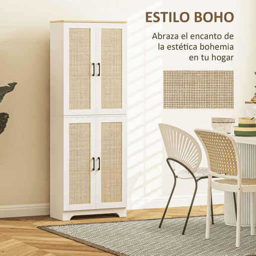 HOMCOM Armário de Cozinha Móvel Auxiliar de Cozinha com Prateleiras Ajustáveis Portas em Vime e Sistema Anti-Tombo 60x30x170 com Branco