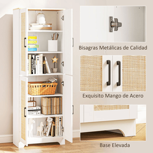 HOMCOM Armário de Cozinha Móvel Auxiliar de Cozinha com Prateleiras Ajustáveis Portas em Vime e Sistema Anti-Tombo 60x30x170 com Branco