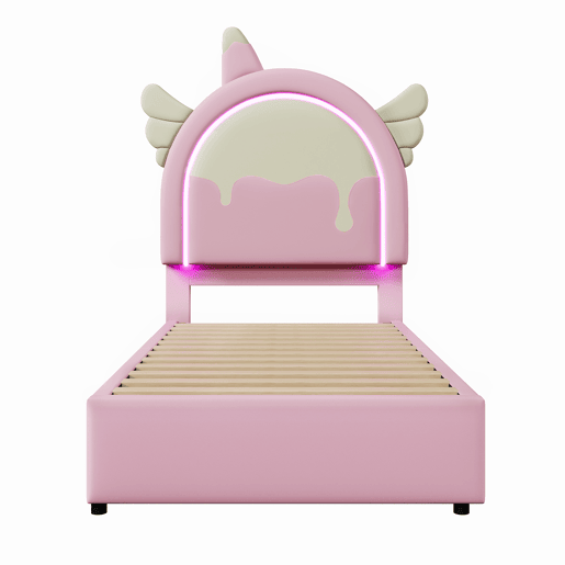 Cama individual estofada em pele sintética 90x200 cm - com LED e 2 gavetas - Rosa