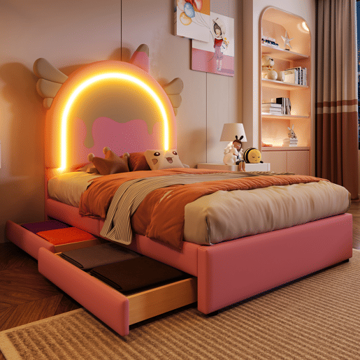 Cama individual estofada em pele sintética 90x200 cm - com LED e 2 gavetas - Rosa