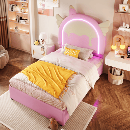 Cama individual estofada em pele sintética 90x200 cm - com LED e 2 gavetas - Rosa