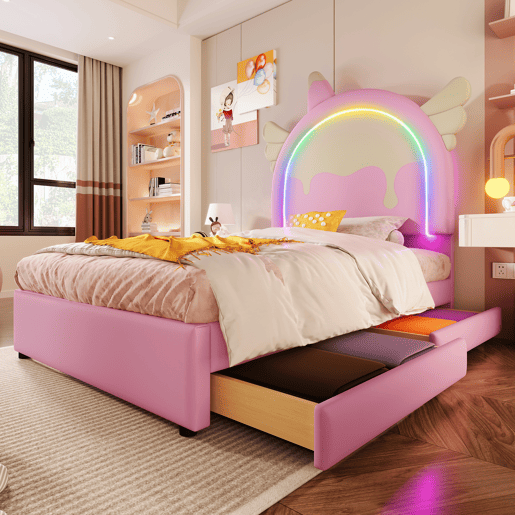 Cama individual estofada em pele sintética 90x200 cm - com LED e 2 gavetas - Rosa