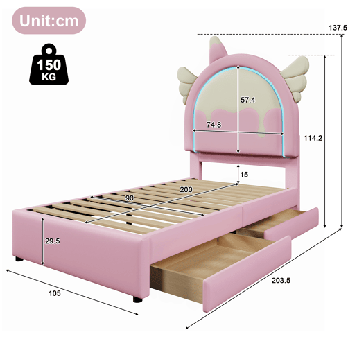 Cama individual estofada em pele sintética 90x200 cm - com LED e 2 gavetas - Rosa