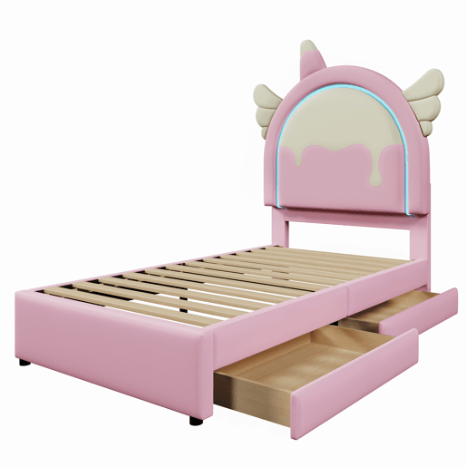 Cama individual estofada em pele sintética 90x200 cm - com LED e 2 gavetas - Rosa
