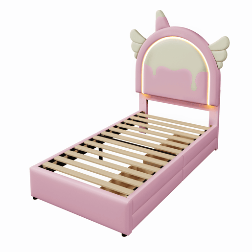 Cama individual estofada em pele sintética 90x200 cm - com LED e 2 gavetas - Rosa