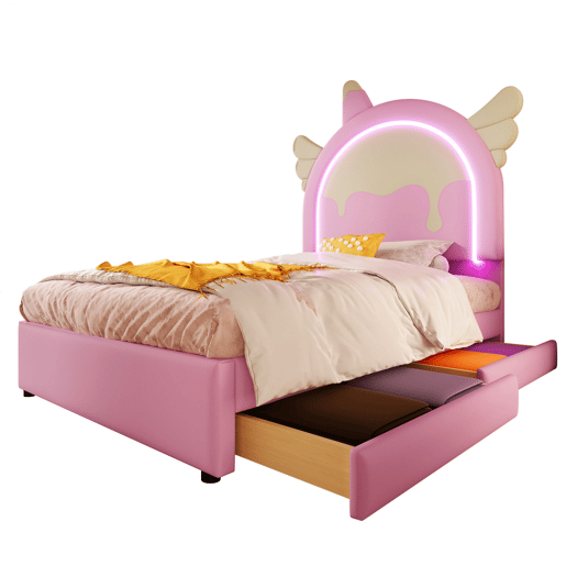 Cama individual estofada em pele sintética 90x200 cm - com LED e 2 gavetas - Rosa