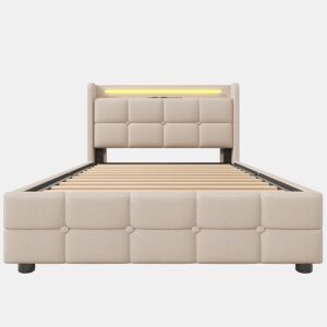 Cama estofada 90x200cm em linho - com LED e portas de carregamento USB - 2 gavetas - Bege