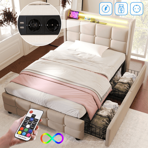 Cama estofada 90x200cm em linho - com LED e portas de carregamento USB - 2 gavetas - Bege