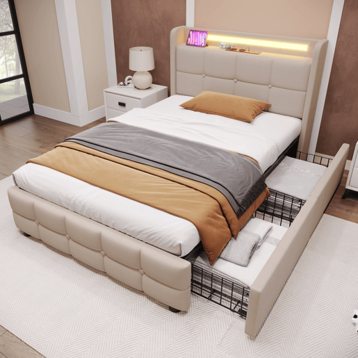 Cama estofada 90x200cm em linho - com LED e portas de carregamento USB - 2 gavetas - Bege