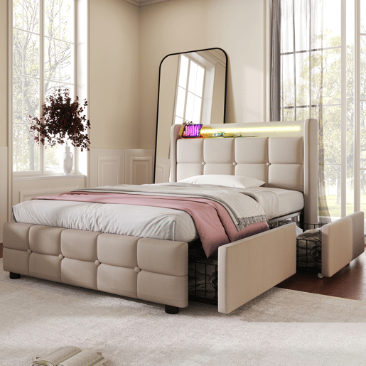 Cama estofada 90x200cm em linho - com LED e portas de carregamento USB - 2 gavetas - Bege