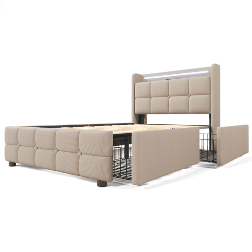 Cama estofada 90x200cm em linho - com LED e portas de carregamento USB - 2 gavetas - Bege