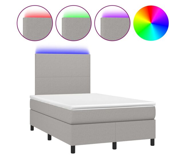 Cama box spring con colchón tela y led gris claro 120x200 cm diseño plano