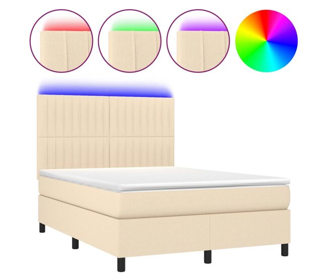 Cama box spring colchón y luces led tela crema 140x200 cm rayas verticales