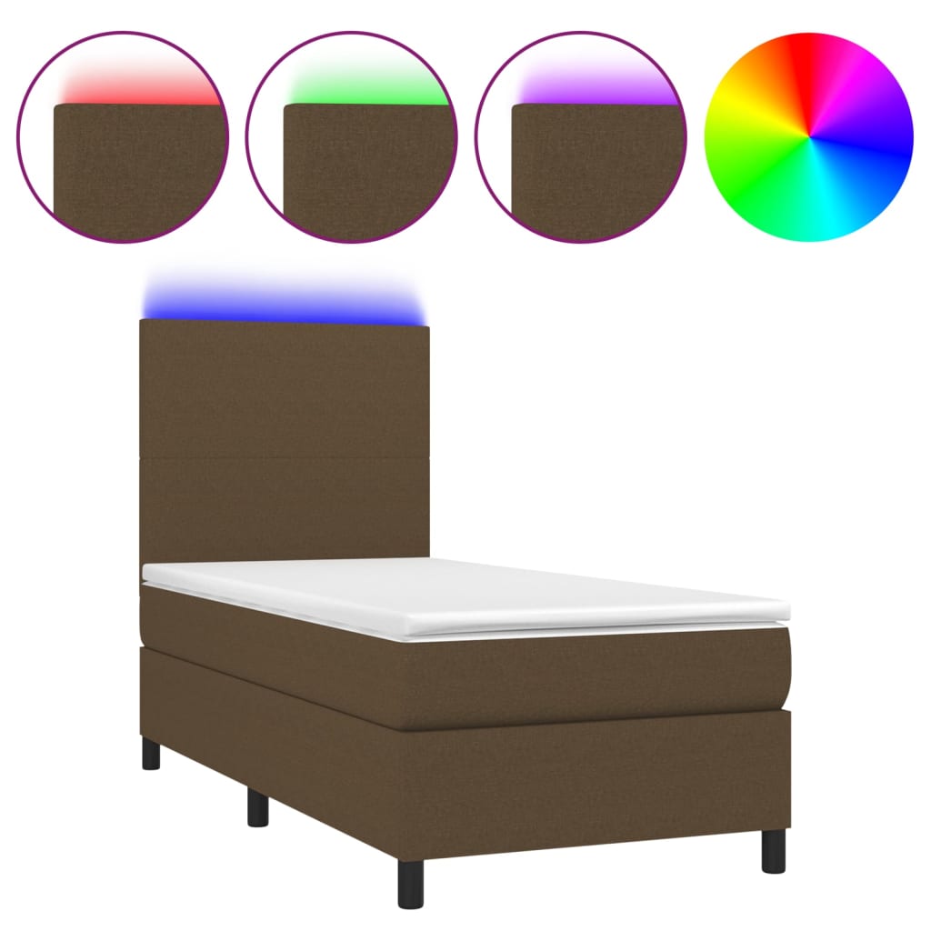 Cama box spring colchón y luces led tela marrón oscuro 80x200cm diseño plano