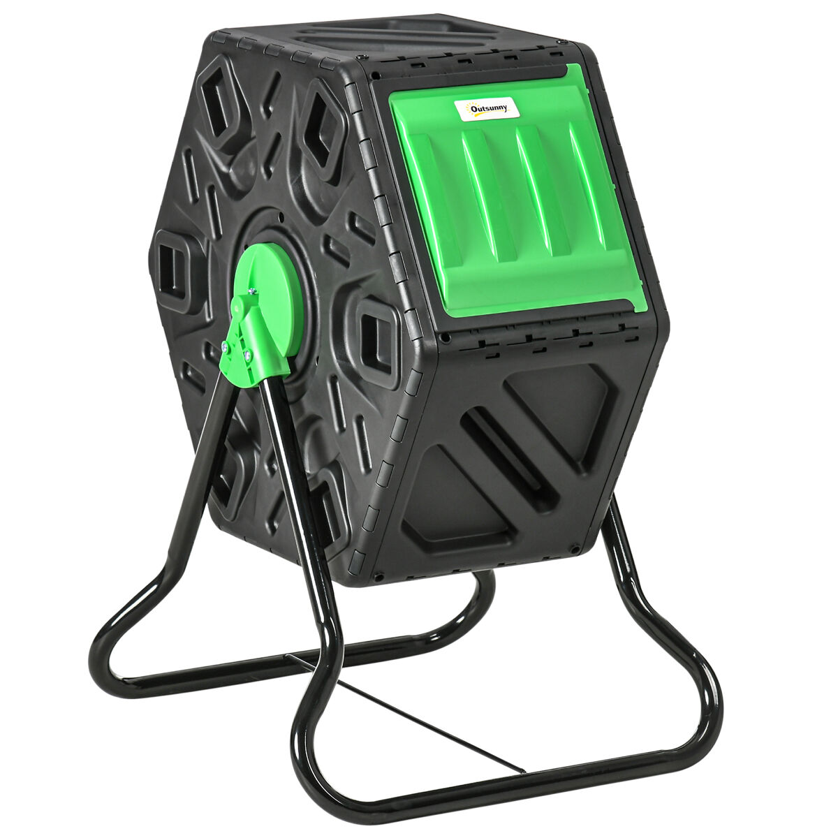 Outsunny compostador giratorio de 65l contenedor de compostaje de jardín de doble cámara compostadora con aberturas de ventilación y patas de acero 60x49x77 cm negro