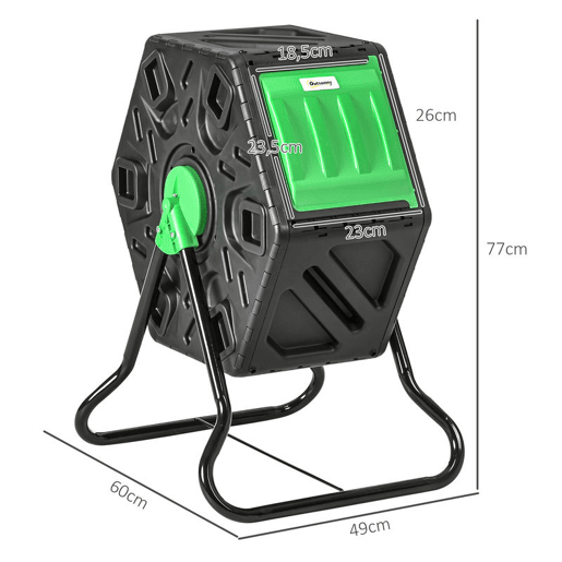Outsunny Compostor Giratório de 65L Recipiente de Compostagem de Jardim com Câmera Dupla Aberturas de Ventilação e Pés de Aço 60x49x77 cm Preto