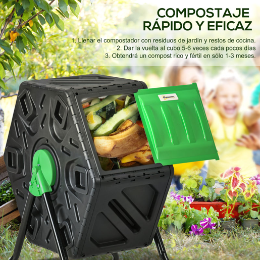 Outsunny Compostor Giratório de 65L Recipiente de Compostagem de Jardim com Câmera Dupla Aberturas de Ventilação e Pés de Aço 60x49x77 cm Preto