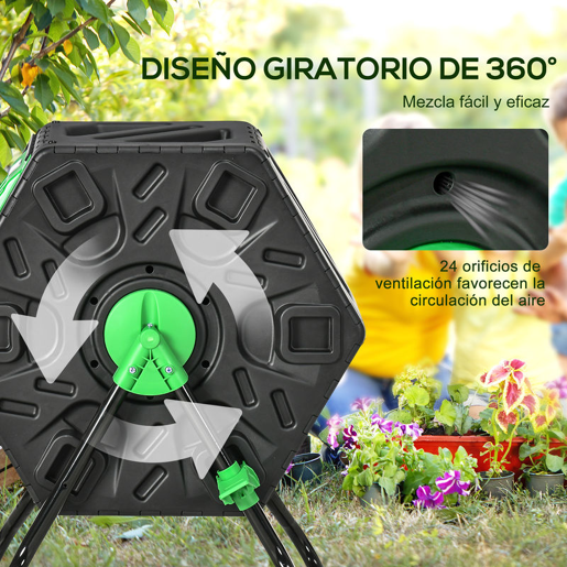 Outsunny Compostor Giratório de 65L Recipiente de Compostagem de Jardim com Câmera Dupla Aberturas de Ventilação e Pés de Aço 60x49x77 cm Preto