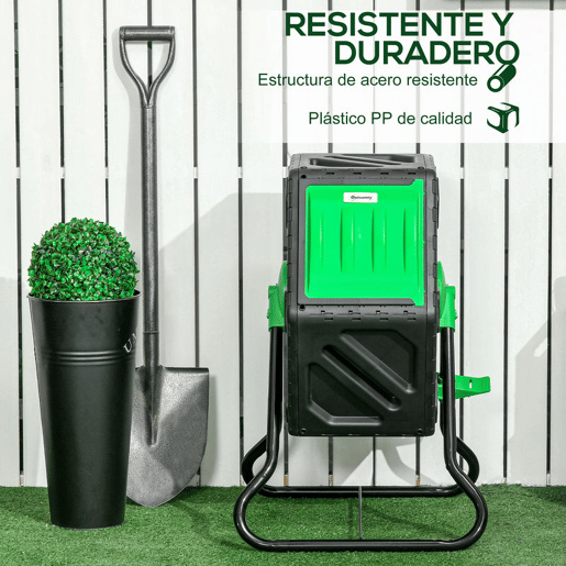 Outsunny Compostor Giratório de 65L Recipiente de Compostagem de Jardim com Câmera Dupla Aberturas de Ventilação e Pés de Aço 60x49x77 cm Preto