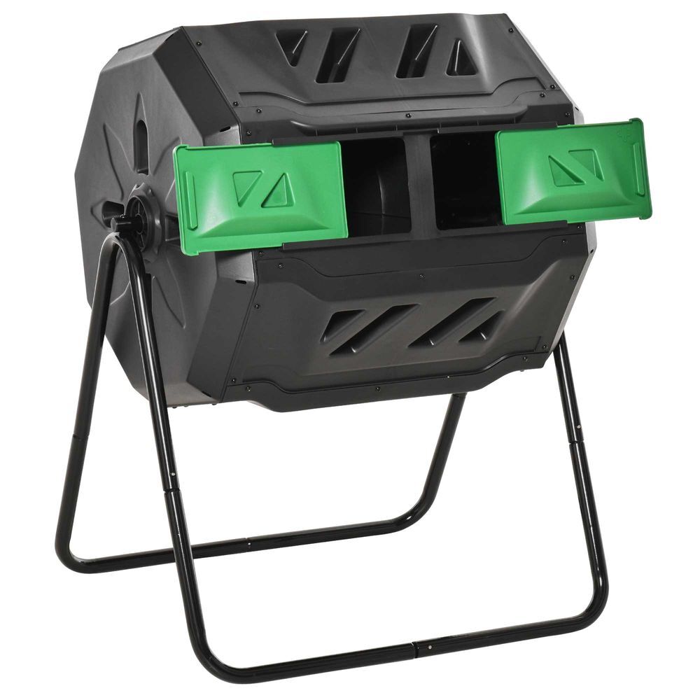 Outsunny compostador giratorio de 160l contenedor de compostaje de jardín de doble cámara compostadora con aberturas de ventilación y patas de acero 71x65x96 cm negro y verde