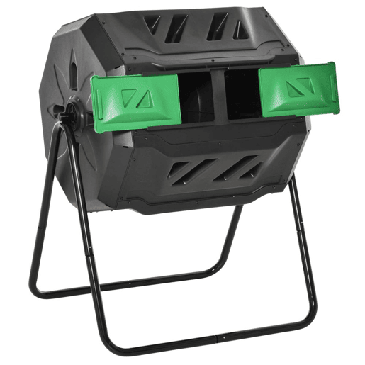 Outsunny Compostor de Tambor Giratório com Capacidade 160L de Dupla Câmera e Ventilação Estrutura de Aço para Resíduos Orgânicos de Jardim 71x64x92cm Preto e Verde
