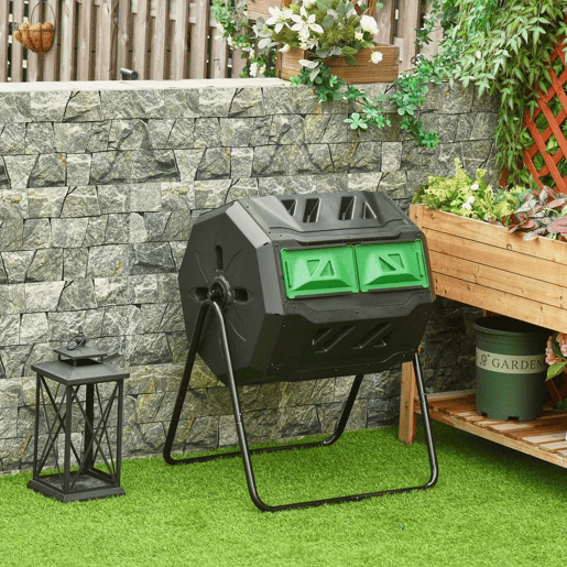 Outsunny Compostor de Tambor Giratório com Capacidade 160L de Dupla Câmera e Ventilação Estrutura de Aço para Resíduos Orgânicos de Jardim 71x64x92cm Preto e Verde
