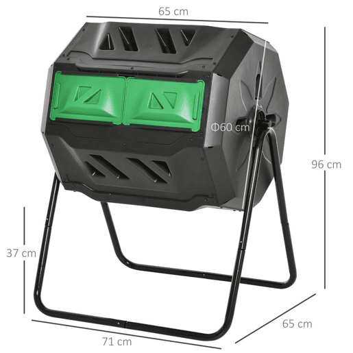 Outsunny Compostor de Tambor Giratório com Capacidade 160L de Dupla Câmera e Ventilação Estrutura de Aço para Resíduos Orgânicos de Jardim 71x64x92cm Preto e Verde
