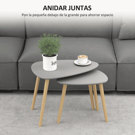 HOMCOM Conjunto de 2 Mesas Auxiliares com Pés de Madeira Mesas de Café para Sala de Estar Dormitório Escritório 59,5x39,5x45cm e 44,5x28,5x40 cm Cinza