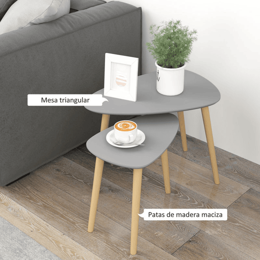 HOMCOM Conjunto de 2 Mesas Auxiliares com Pés de Madeira Mesas de Café para Sala de Estar Dormitório Escritório 59,5x39,5x45cm e 44,5x28,5x40 cm Cinza