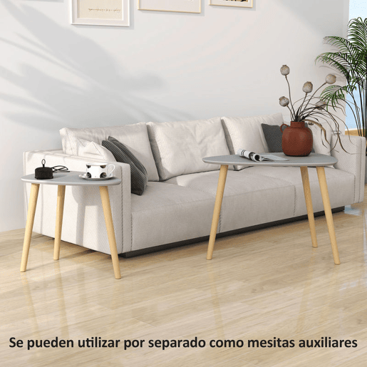HOMCOM Conjunto de 2 Mesas Auxiliares com Pés de Madeira Mesas de Café para Sala de Estar Dormitório Escritório 59,5x39,5x45cm e 44,5x28,5x40 cm Cinza