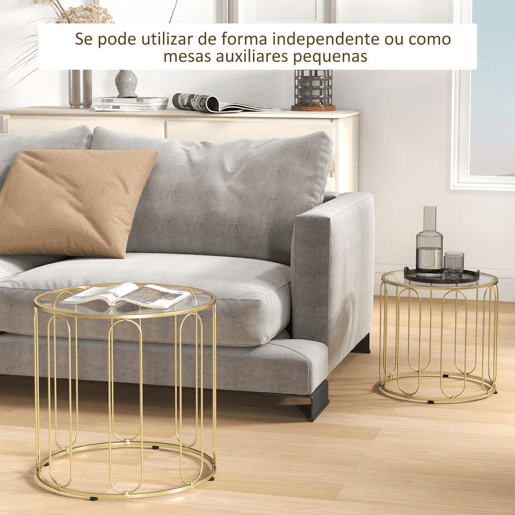 HOMCOM Mesas Auxiliares para Sala de Estar Redondas Conjunto de Mesas Laterais com Estrutura de Metal e Bancada de Vidro Mesas Auxiliares para Dormitórios Dourado