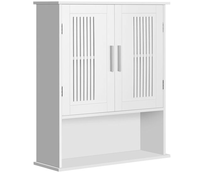 Kleankin armario de pared para baño multiusos mueble de baño suspendido armario colgante de almacenamiento con 2 puertas de listones estante ajustable y compartimento 60x20x70 cm blanco