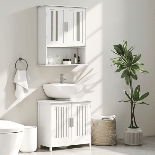 kleankin Armário de Parede para Casa de Banho Móvel Casa de Banho de Parede com Armazenamento 2 Portas em Ripas Prateleira Ajustável e Compartimento 60x20x70 cm Branco