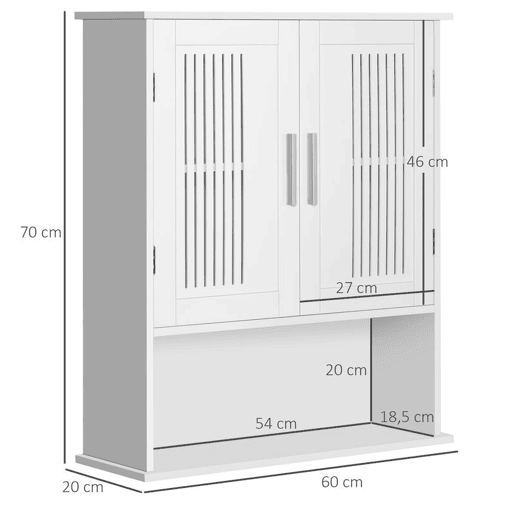 kleankin Armário de Parede para Casa de Banho Móvel Casa de Banho de Parede com Armazenamento 2 Portas em Ripas Prateleira Ajustável e Compartimento 60x20x70 cm Branco