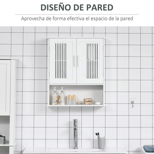 kleankin Armário de Parede para Casa de Banho Móvel Casa de Banho de Parede com Armazenamento 2 Portas em Ripas Prateleira Ajustável e Compartimento 60x20x70 cm Branco