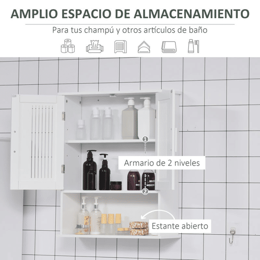 kleankin Armário de Parede para Casa de Banho Móvel Casa de Banho de Parede com Armazenamento 2 Portas em Ripas Prateleira Ajustável e Compartimento 60x20x70 cm Branco