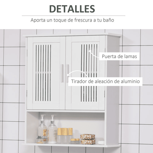 kleankin Armário de Parede para Casa de Banho Móvel Casa de Banho de Parede com Armazenamento 2 Portas em Ripas Prateleira Ajustável e Compartimento 60x20x70 cm Branco