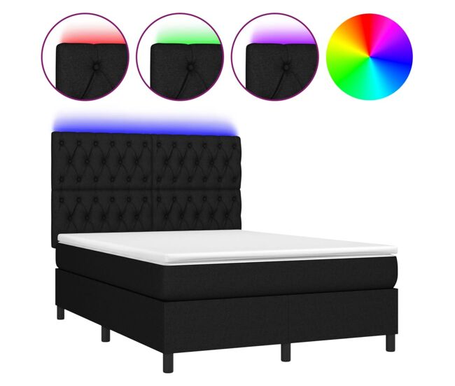 Cama box spring colchón y luces led tela negro 140x200 cm diseño de botones