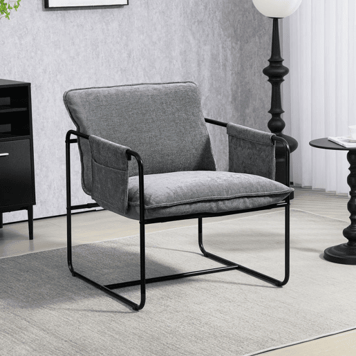 HOMCOM Poltrona Sala de Estar com Apoio para os Braços Bolso Lateral e Estrutura de Aço Poltrona para Dormitório Sala de Estar Carga 120 kg 68x76x81 cm Cinza