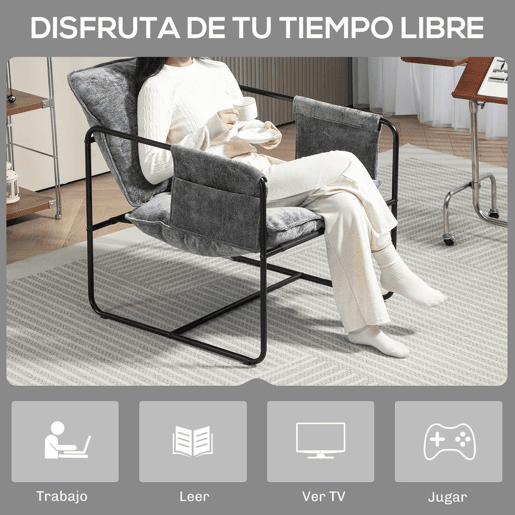 HOMCOM Poltrona Sala de Estar com Apoio para os Braços Bolso Lateral e Estrutura de Aço Poltrona para Dormitório Sala de Estar Carga 120 kg 68x76x81 cm Cinza