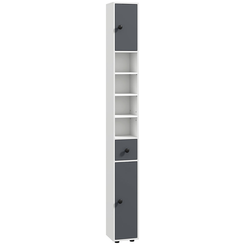 Kleankin armario de baño alto, columna de baño estrecha con 1 cajón, 4 estantes abiertos y estantes ajustables, 2 puertas, estilo moderno, para espacios pequeños, 20x20x180 cm, gris