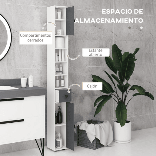 kleankin Armário Alto de Casa de Banho, Coluna de Casa de Banho Estreita com 1 Gaveta, 4 Prateleiras Abertas e Prateleiras Ajustáveis, 2 Portas, Estilo Moderno, para Espaços Pequenos, 20x20x180 cm, Cinzento