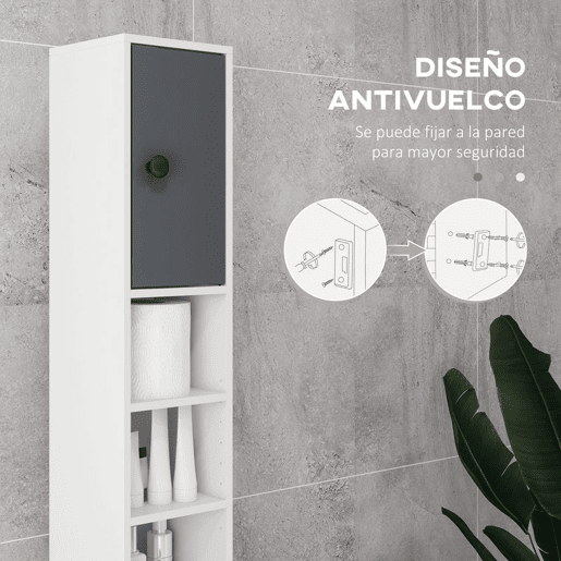kleankin Armário Alto de Casa de Banho, Coluna de Casa de Banho Estreita com 1 Gaveta, 4 Prateleiras Abertas e Prateleiras Ajustáveis, 2 Portas, Estilo Moderno, para Espaços Pequenos, 20x20x180 cm, Cinzento