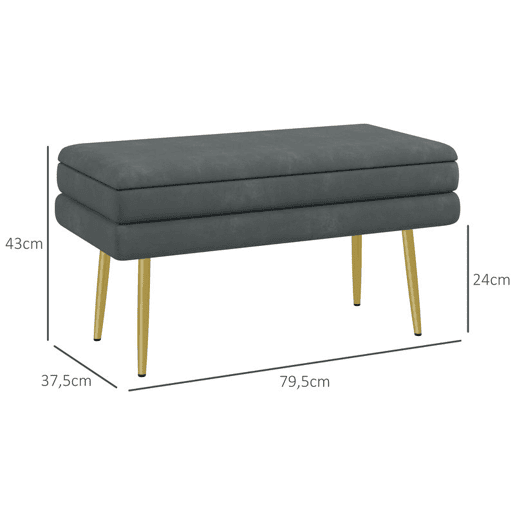 HOMCOM Banco Pé de Cama 30L Banco com Armazenamento para Dormitório Estofado em Veludo Banco de Entrada com Pés de Aço 79,5x37,5x43 cm Cinza Escuro
